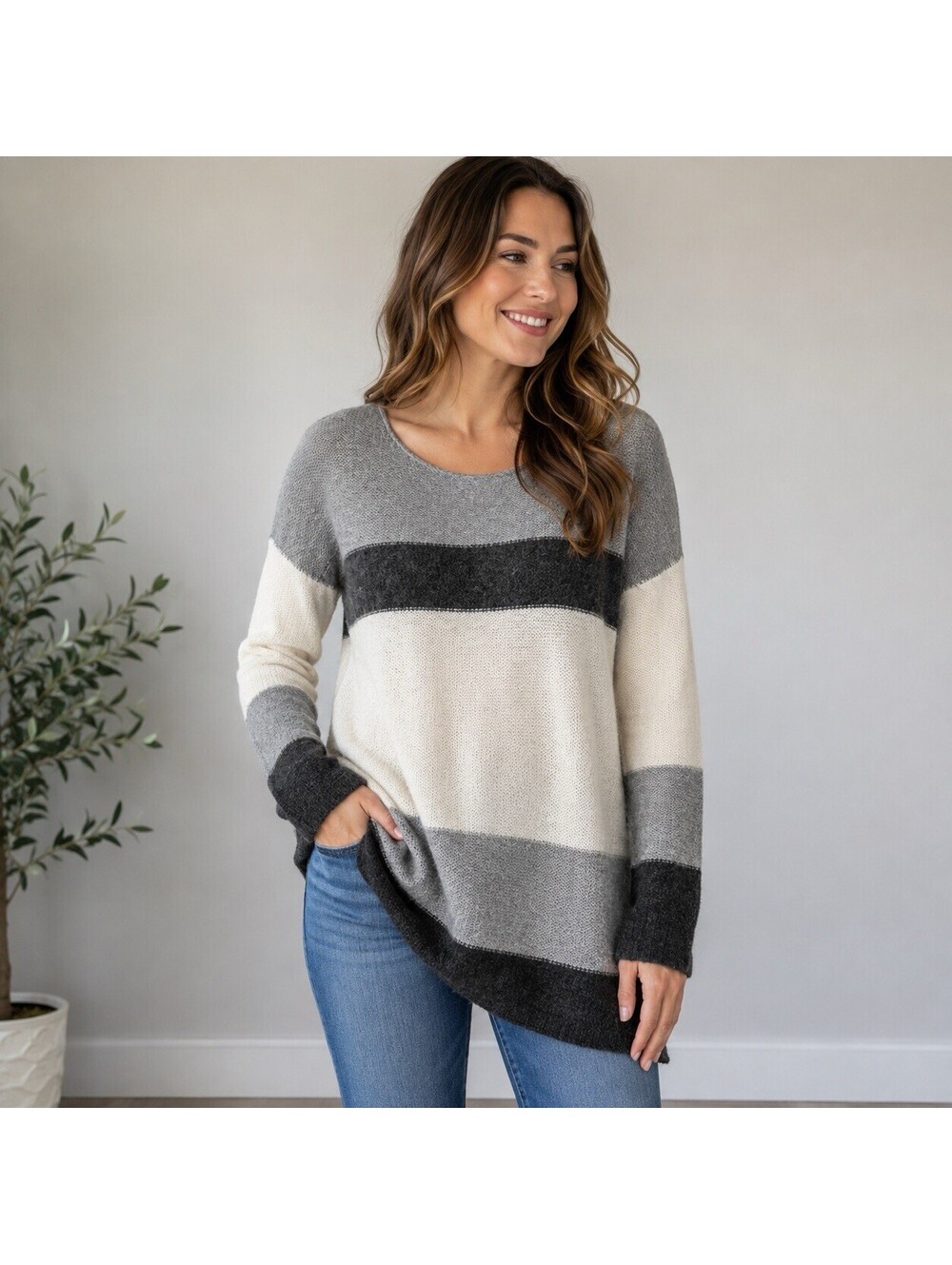 Gap Women’s Small Colorblock Wool Blend Sweater Gray Ivory Black Tunic Nautical